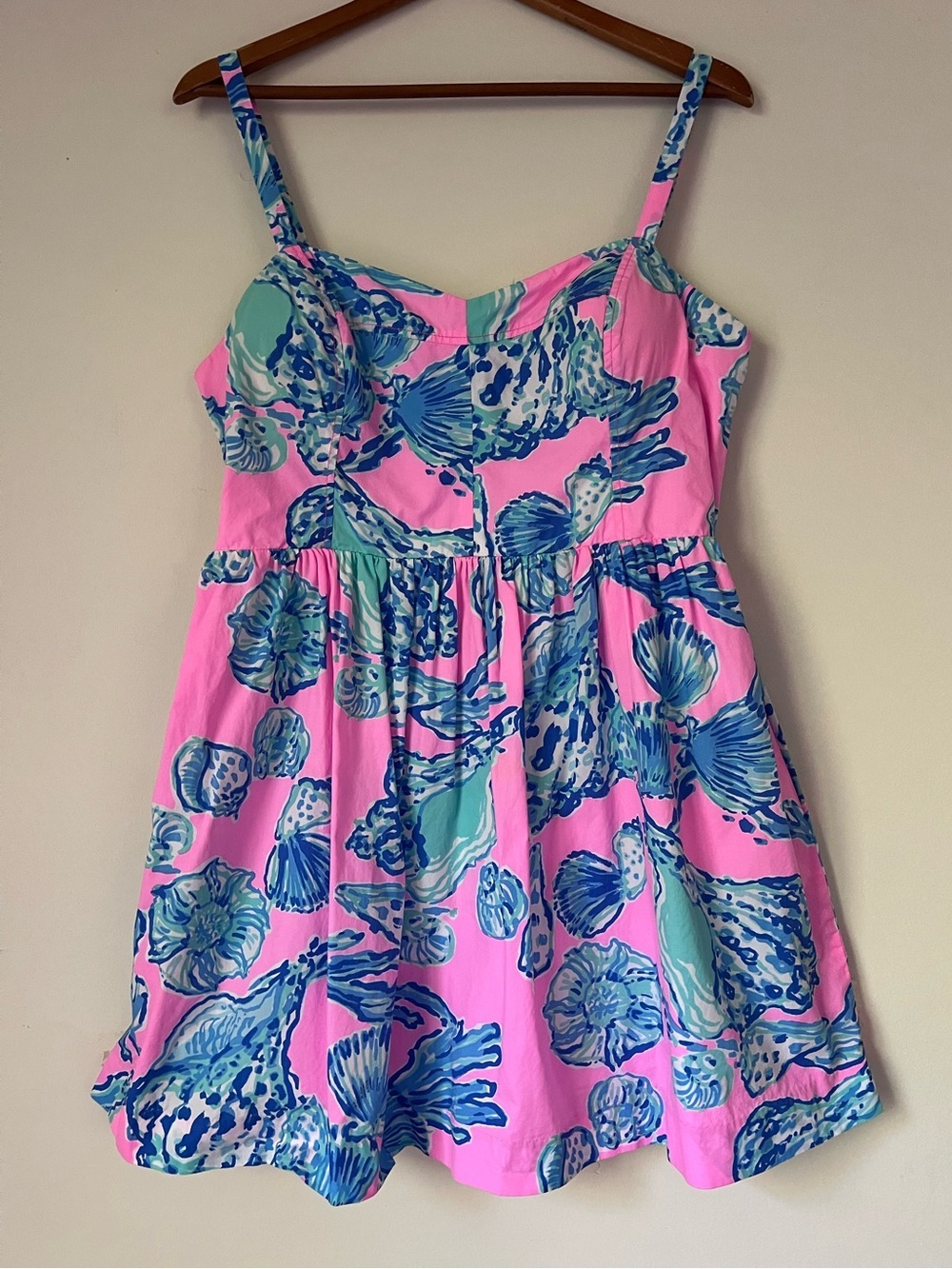 LILLY PULITZER Ardleigh Sun Dress Pink Blue Seashell Print Sz 16 Smocked Pockets